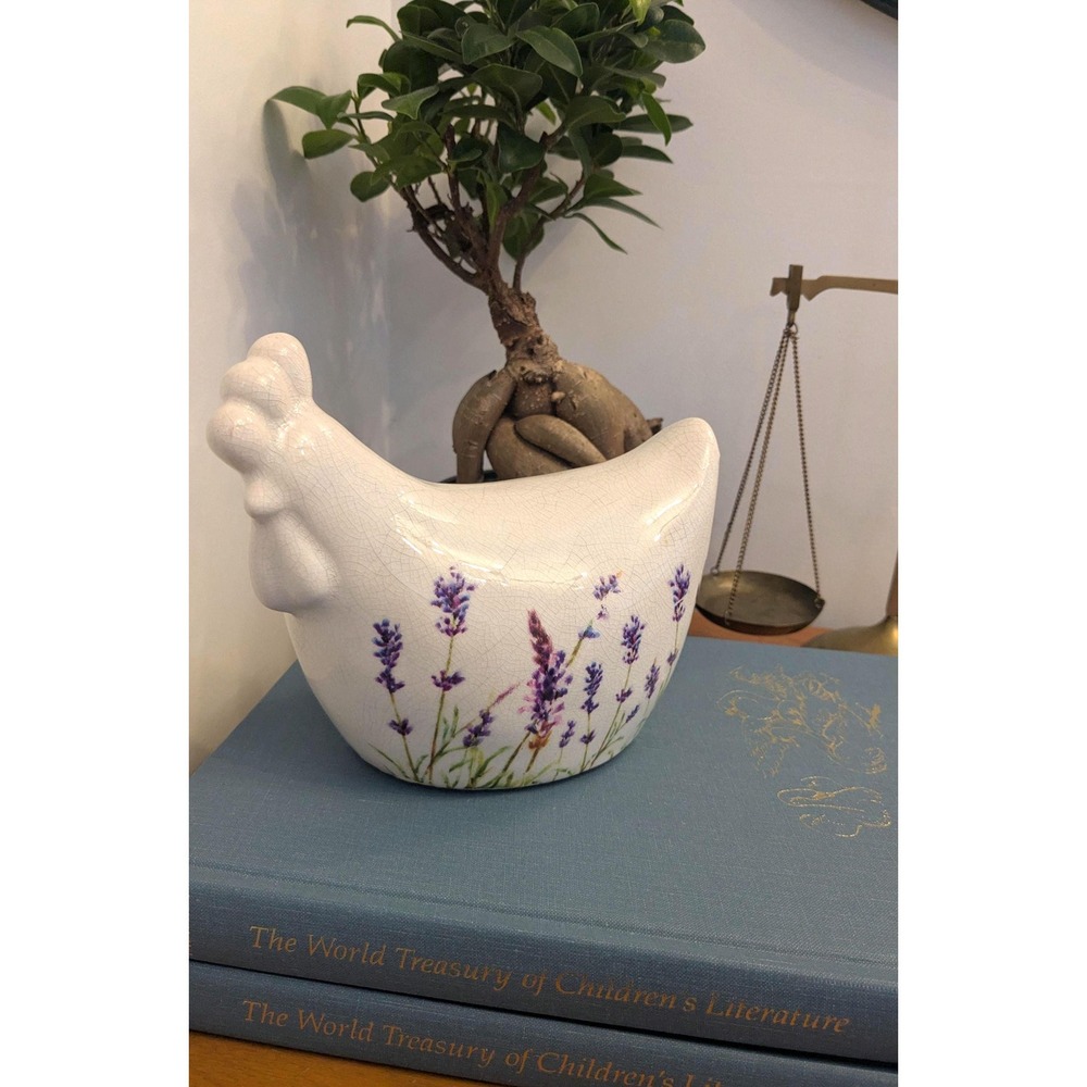 Vintage Ceramic Chicken Figurine, Lavender Hen Decor, Farmhouse Chicken Decor